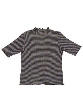 Anthropologie t.la Striped Mock Neck Lettuce Edge Ribbed Top Charcoal XL